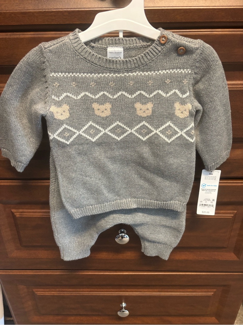 Carter's Gray Knit Sweater Top with Cream Bear Motif